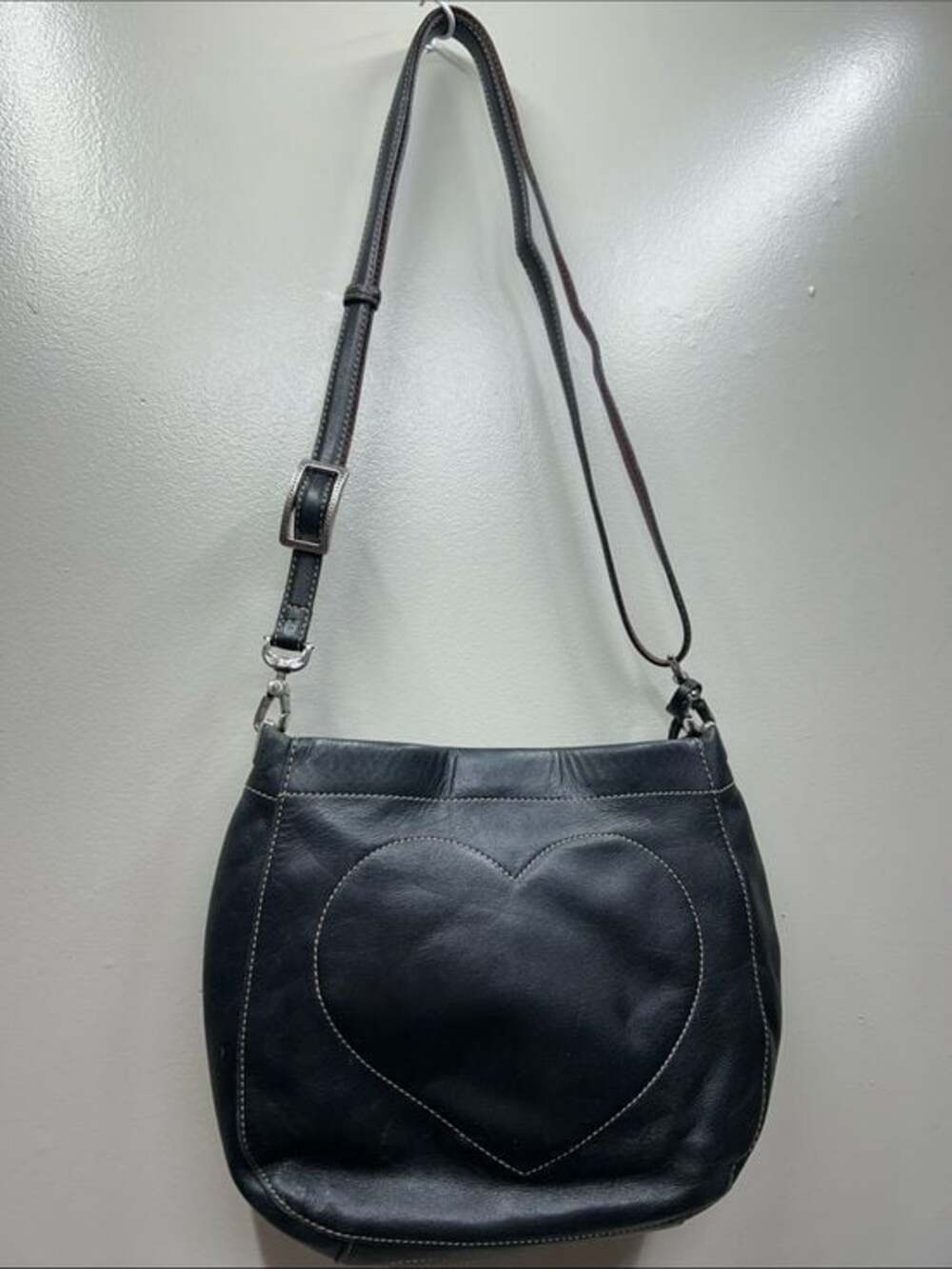 Vintage Brighton Black Leather Heart Stitch Crossbody